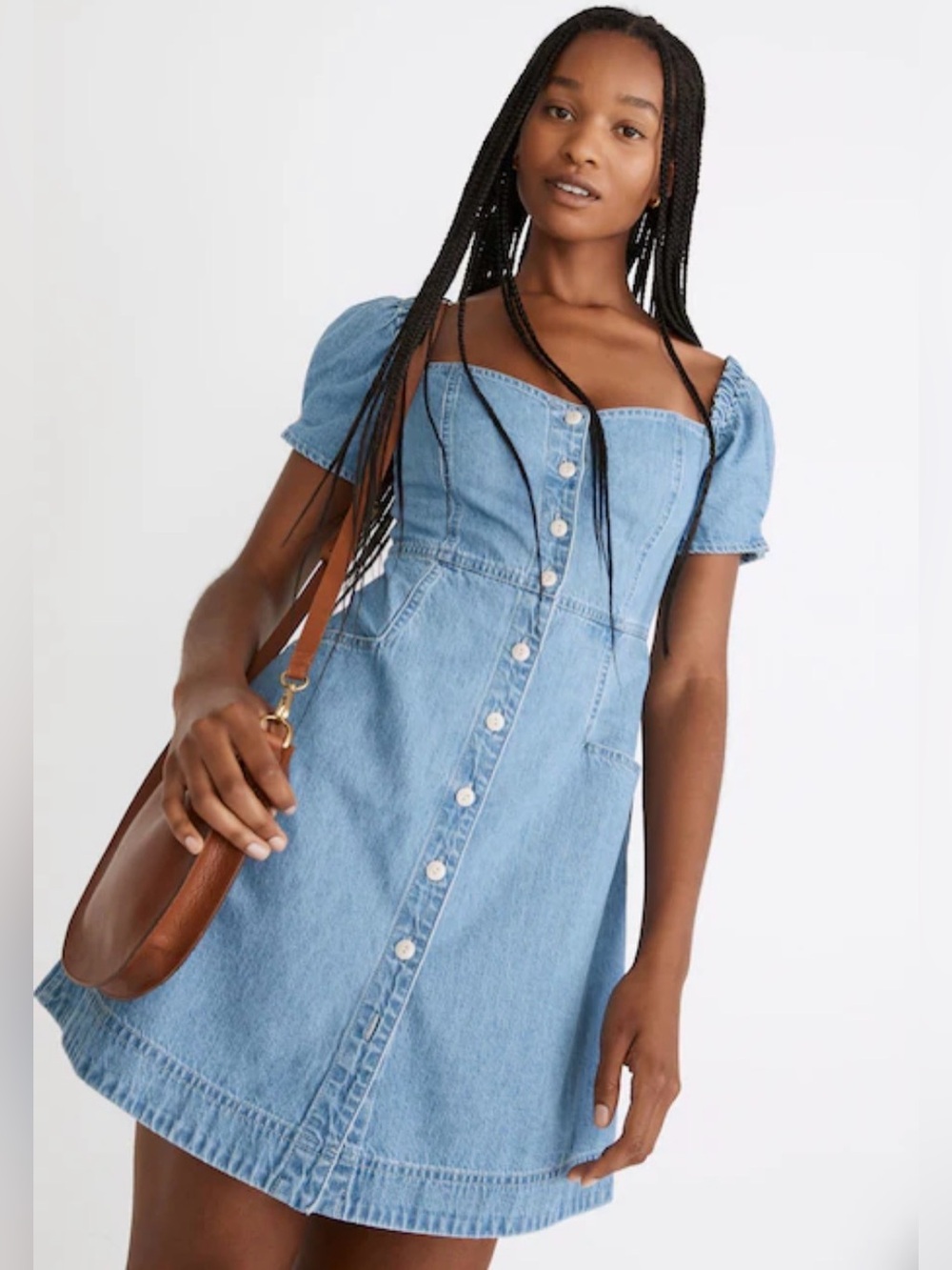 Denim Button-Front Puff Sleeve Mini Dress